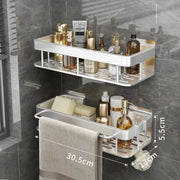 Decorbites™ aluminum corner shelf silver two-tier bathroom corner shelf with towel rack holding toiletries and towel