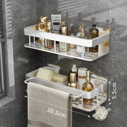 Decorbites™ aluminum corner shelf silver two-tier bathroom corner shelf with towel rack holding toiletries and towel