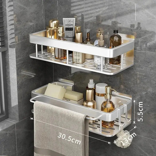 Decorbites™ aluminum corner shelf silver two-tier bathroom corner shelf with towel rack holding toiletries and towel