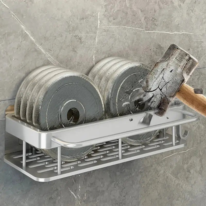 Silver aluminum corner shelf wall-mounted dish rack holding stacked gray weight plates for organized storage