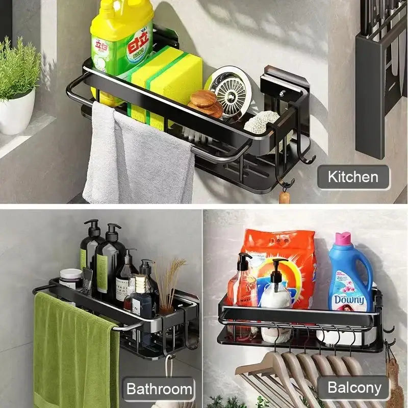 Black metal wall-mounted aluminum corner shelf with multiple compartments and hooks for kitchen bathroom or balcony use