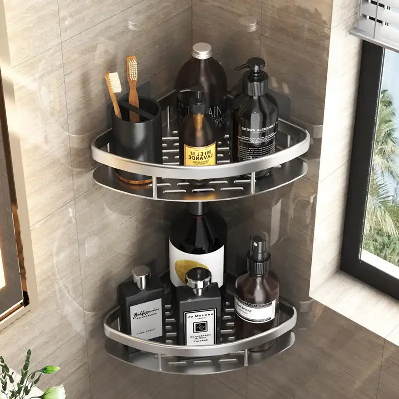 Silver aluminum double-tiered decorbites corner shower storage rack with sleek modern design and rounded edges