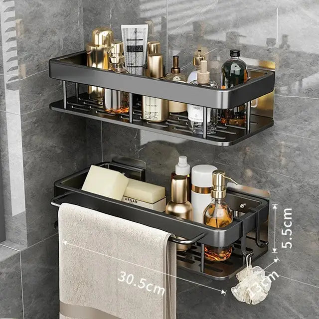 Black aluminum DecorBites™ corner shower storage rack with double tiers and towel rack for shower organization