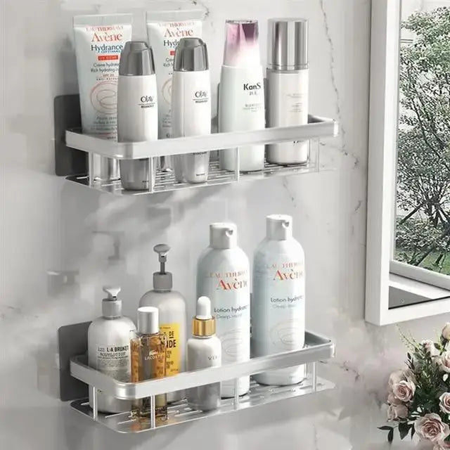 Silver aluminum double-tier wall-mounted decorbites corner shower storage rack holding skincare products
