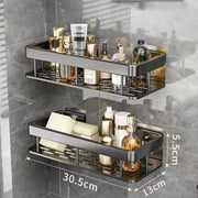 Black metal two-tier aluminum corner shower storage rack with integrated drainage slots for punch-free bathroom use