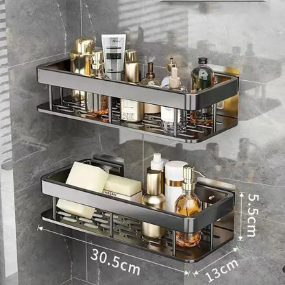 Black metal two-tier aluminum corner shower storage rack with integrated drainage slots for punch-free bathroom use