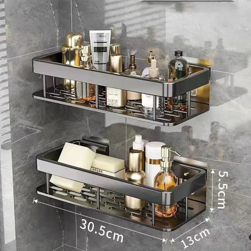 Black metal two-tier aluminum corner shower storage rack with integrated drainage slots for punch-free bathroom use