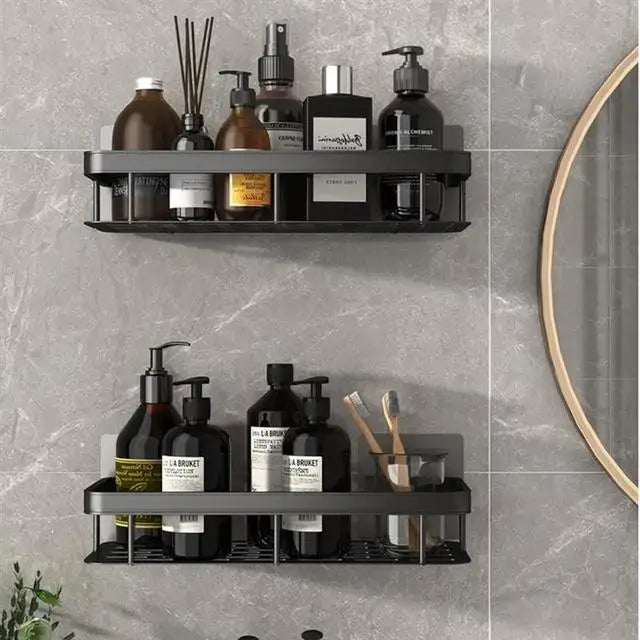Black metal decorbites™ aluminum corner shower storage rack with two tiers for sleek punch-free corner shower organization