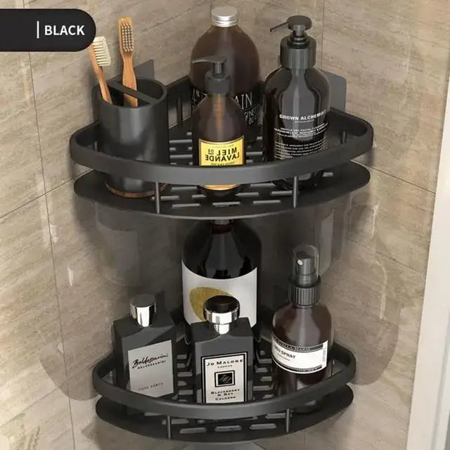 Black two-tiered aluminum DecorBites corner shower storage rack with punch-free design for modern bathroom organization