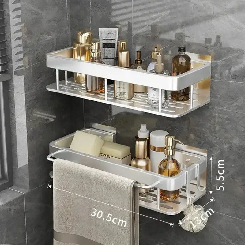 DecorBites aluminum corner shower storage rack silver two-tier shelf with towel rack and integrated toiletry slots