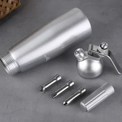 Silver aluminum cream gun chantilly siphon dispenser with interchangeable nozzles and textured grip cap for foaming cream