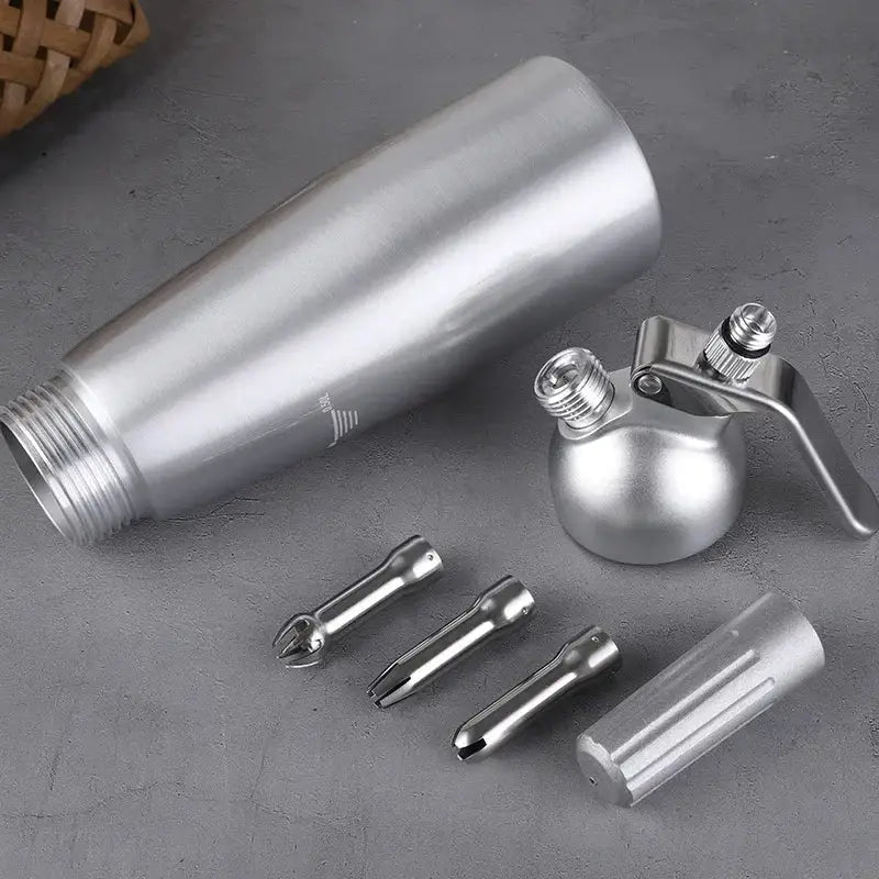 Silver aluminum cream gun chantilly siphon dispenser with interchangeable nozzles and textured grip cap for foaming cream