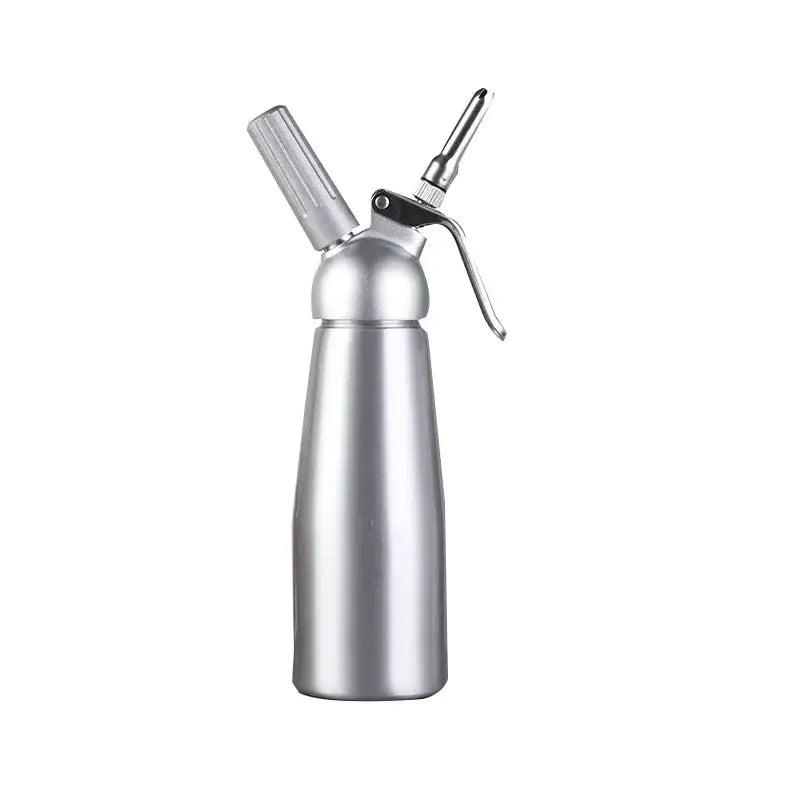 Silver metallic aluminum cream gun chantilly siphon dispenser with textured grip and fine nozzle for kitchen use
