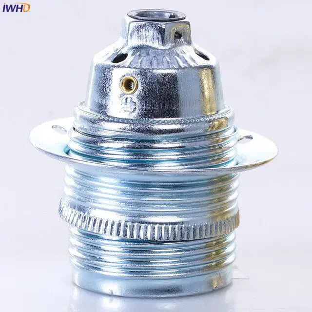 Silver-colored aluminum e27 lamp holder with threaded base and decorative ridged design for vintage lamp base use