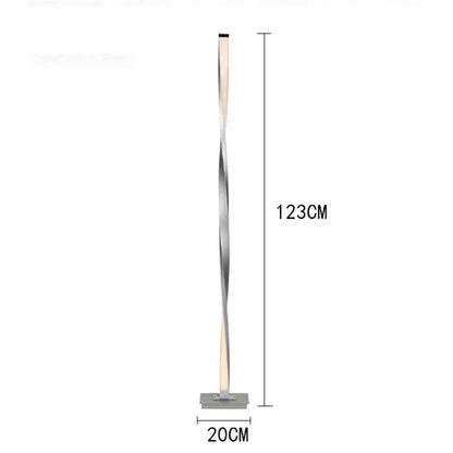 Decorbites aluminum floor lamp featuring a 123cm tall twisted design with modern metallic finish and minimalist base