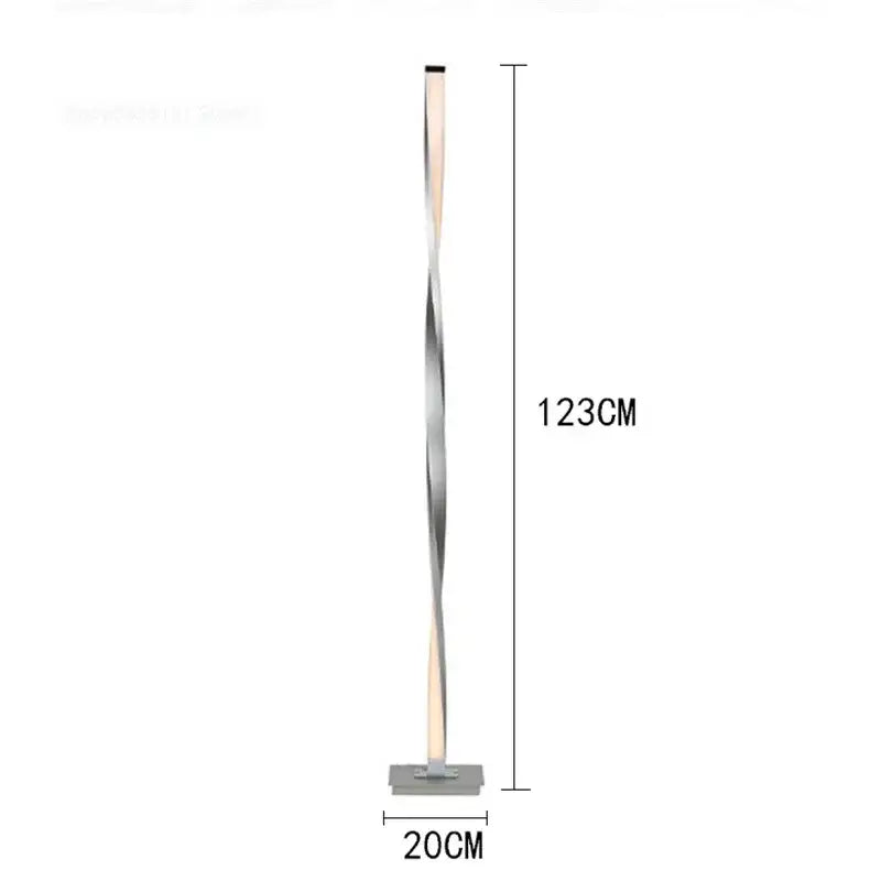 Decorbites aluminum floor lamp featuring a 123cm tall twisted design with modern metallic finish and minimalist base