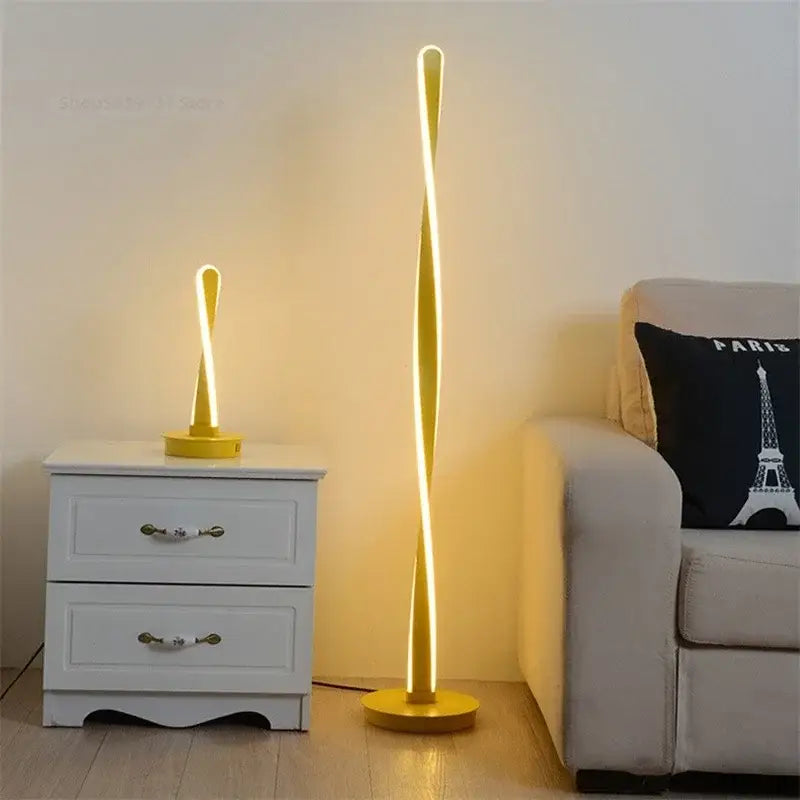 DecorBites aluminum floor lamp with golden twisted led design and modern dimmable free standing lighting