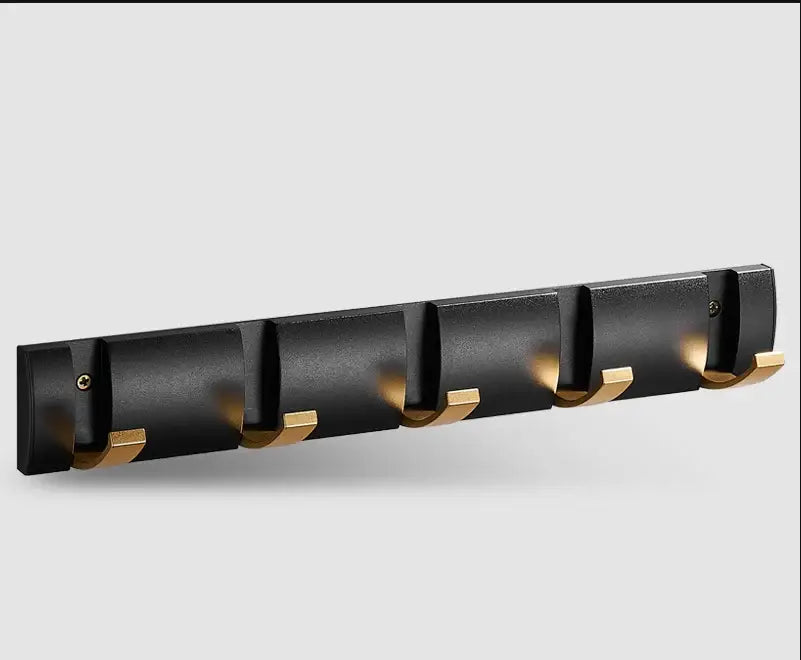 Black aluminum folding robe hook with five gold-toned wall-mounted hooks for towel or coat hanging
