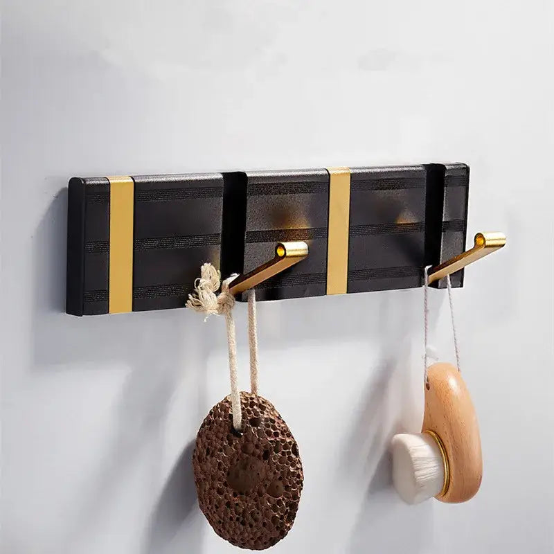 Decorbites™ aluminum folding robe hook black gold wall mount towel hanger with three hooks and striped design