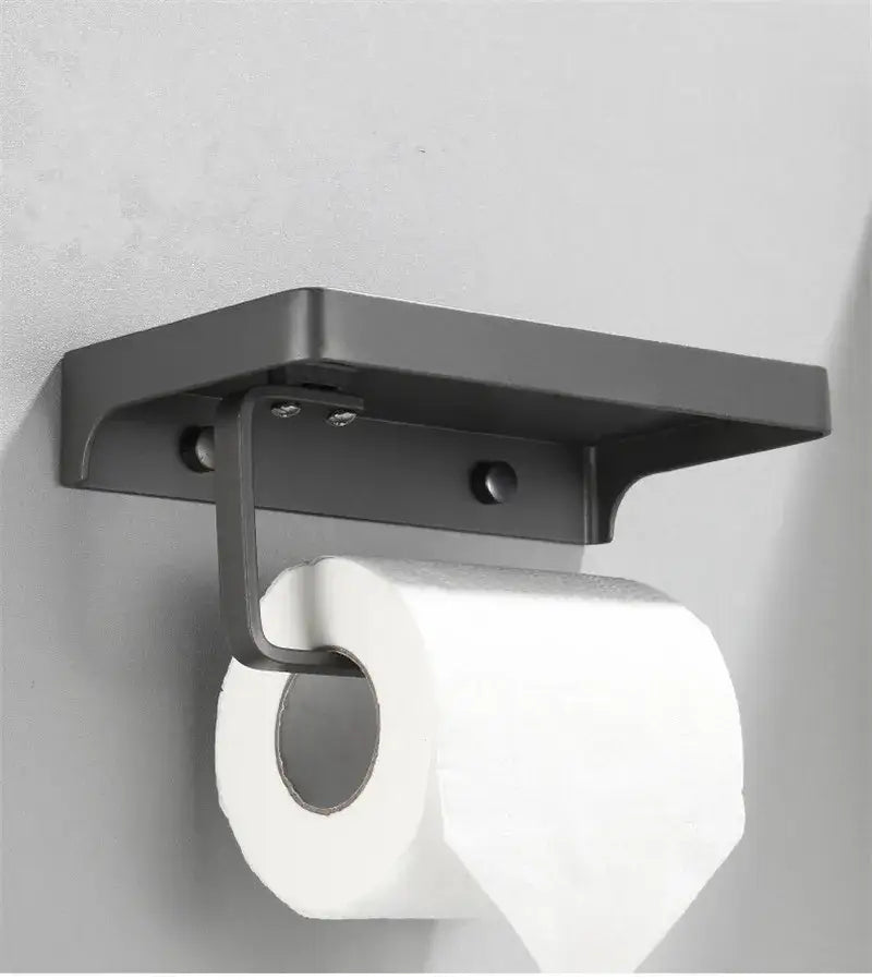 Black metal tissue box rack with aluminum gray phone shelf and curved arm holding white tissue paper roll