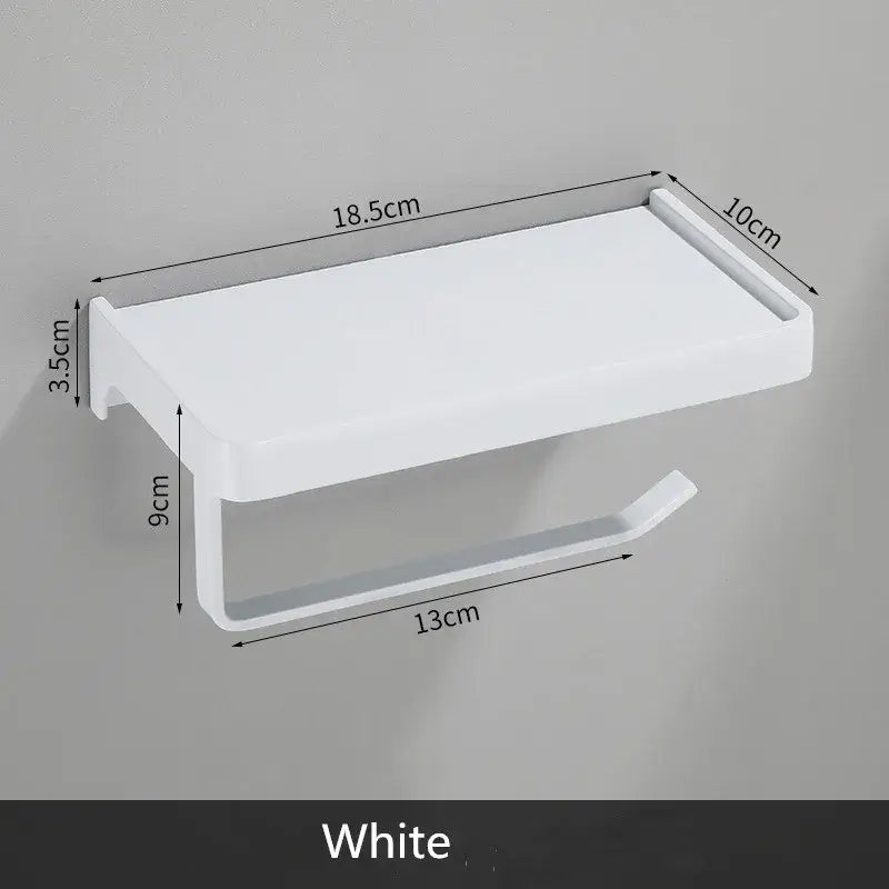 Decorbites aluminum gray wall-mounted tissue box rack with phone shelf and white plastic minimalist toilet paper holder