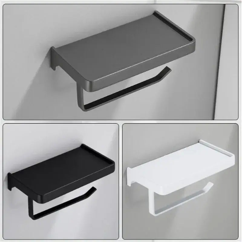 Modern minimalist aluminum gray bathroom paper roll holder with phone shelf and tissue box rack by DecorBites