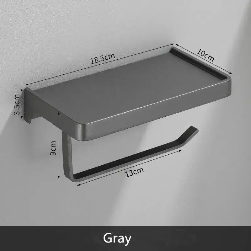 Decorbites aluminum gray tissue box rack with phone shelf featuring a sleek gray metallic bathroom tissue holder