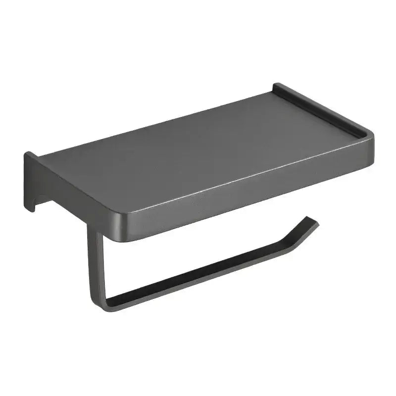 Modern matte black metal toilet paper holder with integrated phone shelf and tissue box rack in aluminum gray finish