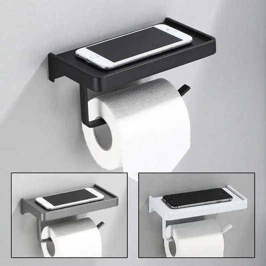 Decorbites aluminum gray metal toilet paper holder with integrated phone shelf and tissue box rack for bathroom use