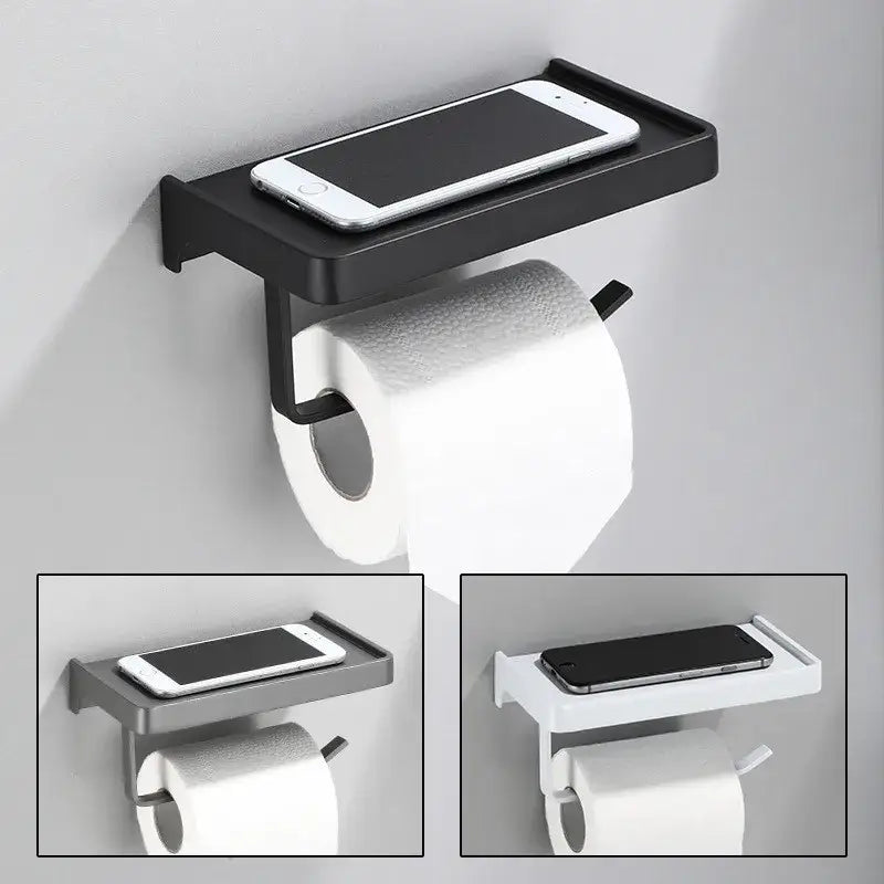 Decorbites aluminum gray metal toilet paper holder with integrated phone shelf and tissue box rack for bathroom use