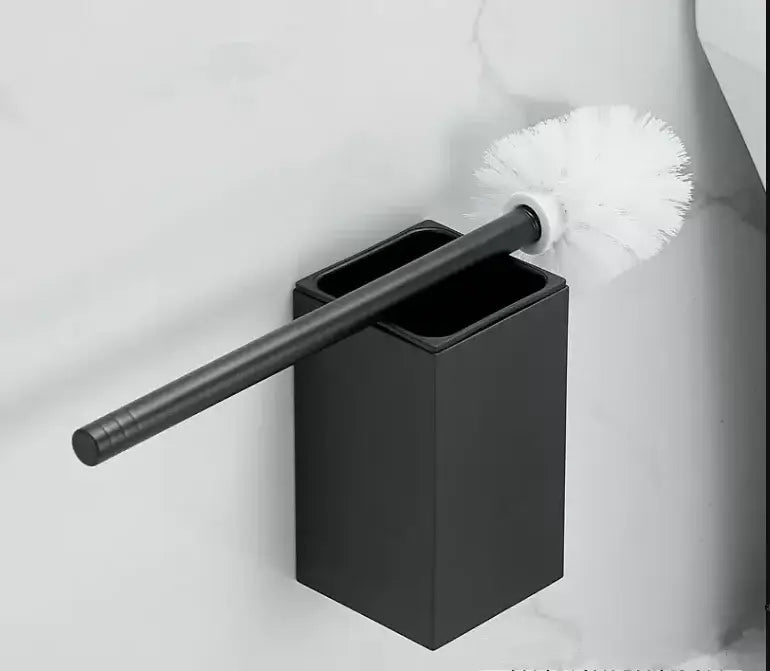 Black aluminum gray and white decorbites toilet brush holder set with white bristled toilet brush inserted