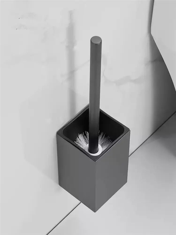 Decorbites aluminum gray and white toilet brush holder set with black square brush holder and white bristles toilet brush