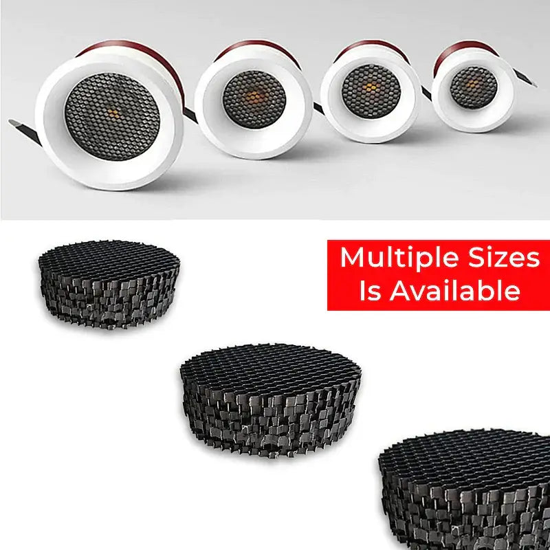 White circular recessed ceiling lights with black aluminum honeycomb downlight grill and red accents shown with black heat sinks