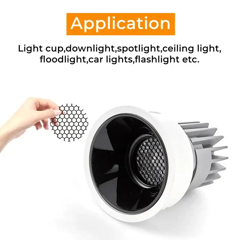 White LED downlight with black aluminum honeycomb downlight grill and gray heat sink fins for spot lighting fixture