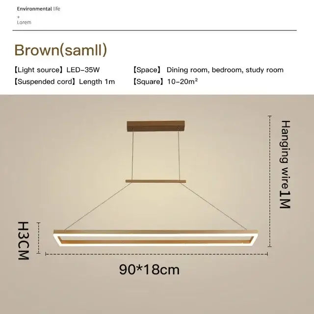 Modern brown rectangular aluminum led ceiling chandelier with wooden frame and sleek led lighting for kitchen island