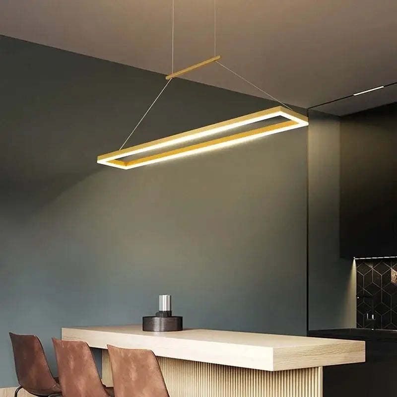 Modern rectangular aluminum led ceiling chandelier with gold finish and illuminated strip for kitchen island or dining table