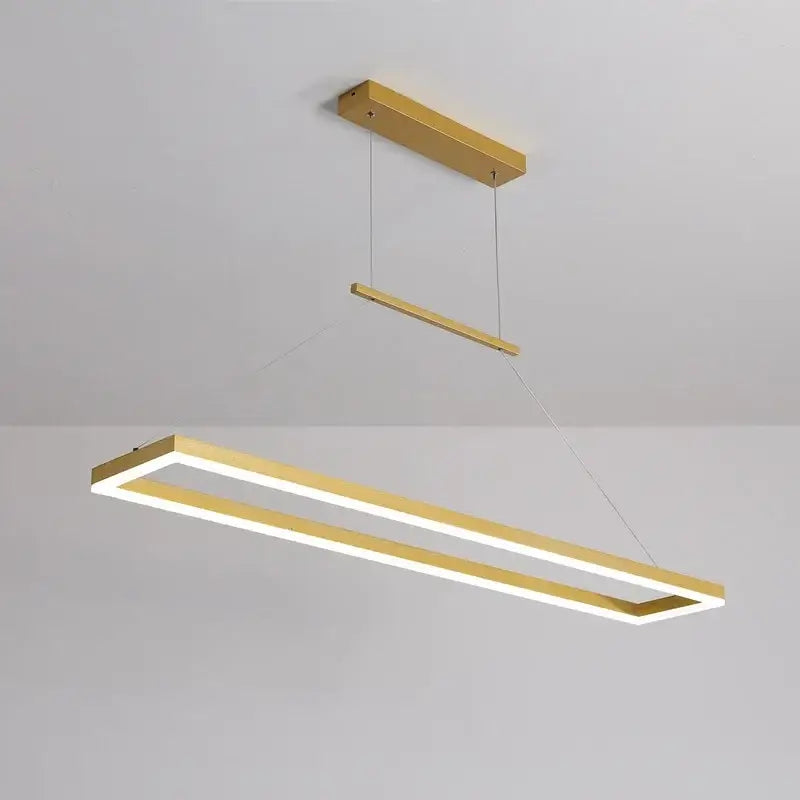 Modern gold-finished aluminum led ceiling chandelier with rectangular minimalist design and two hanging bars for kitchen island