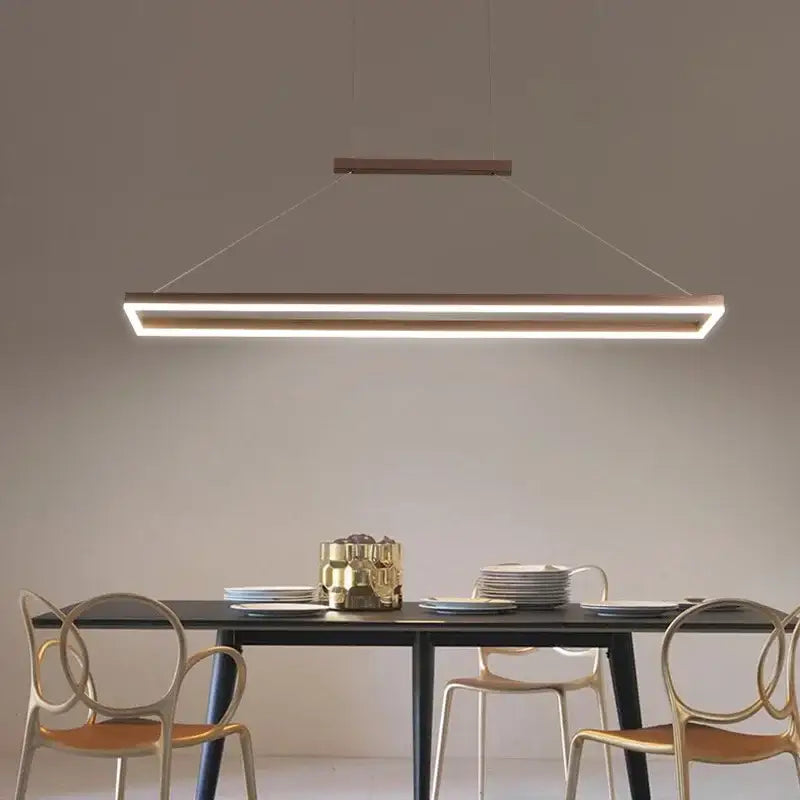 Modern rectangular aluminum led ceiling chandelier with sleek metallic frame and warm white led illumination for kitchen island