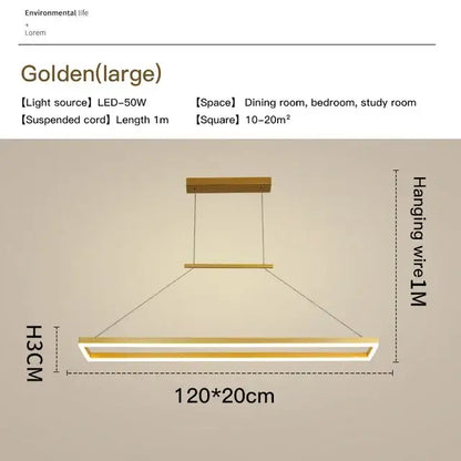 Golden rectangular aluminum led ceiling chandelier with modern design and metallic finish for kitchen and dining table