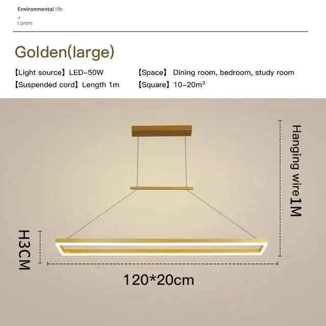 Golden rectangular aluminum led ceiling chandelier with modern design and metallic finish for kitchen and dining table