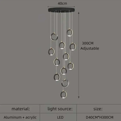 Modern minimalist DecorBites™ aluminum led chandelier with black ceiling mount and silver aluminum rings for luxury lighting