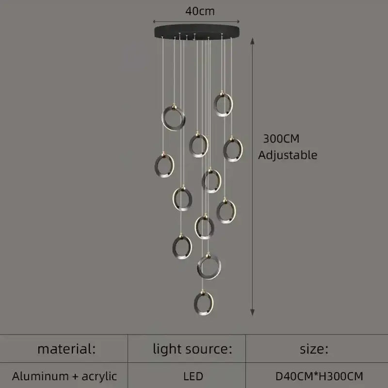 Modern minimalist DecorBites™ aluminum led chandelier with black ceiling mount and silver aluminum rings for luxury lighting