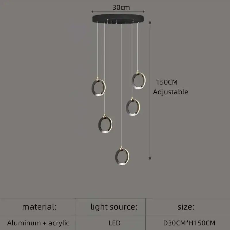 Modern minimalist aluminum led chandelier with black ceiling mount and four silver acrylic rings for luxury staircase lighting