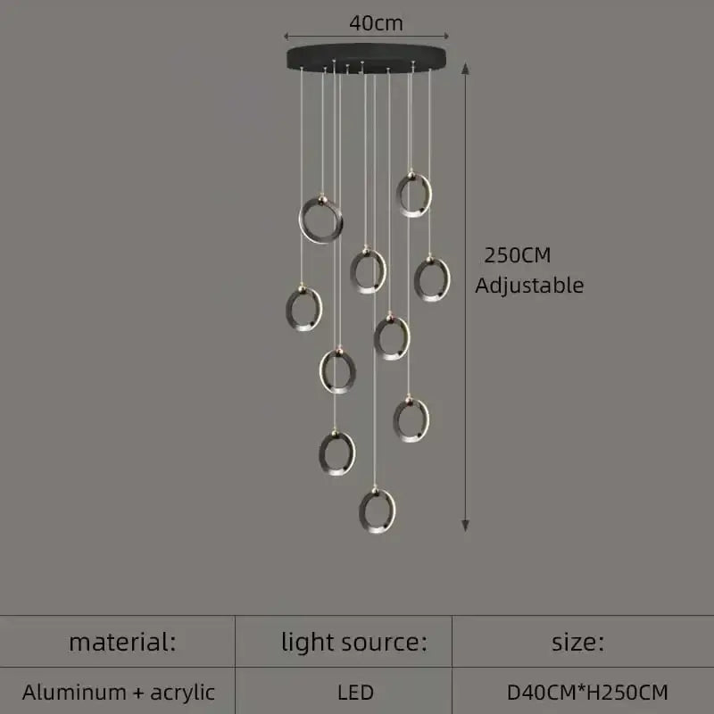 Modern black circular aluminum led chandelier with seven silver rings and acrylic accents for luxury staircase lighting