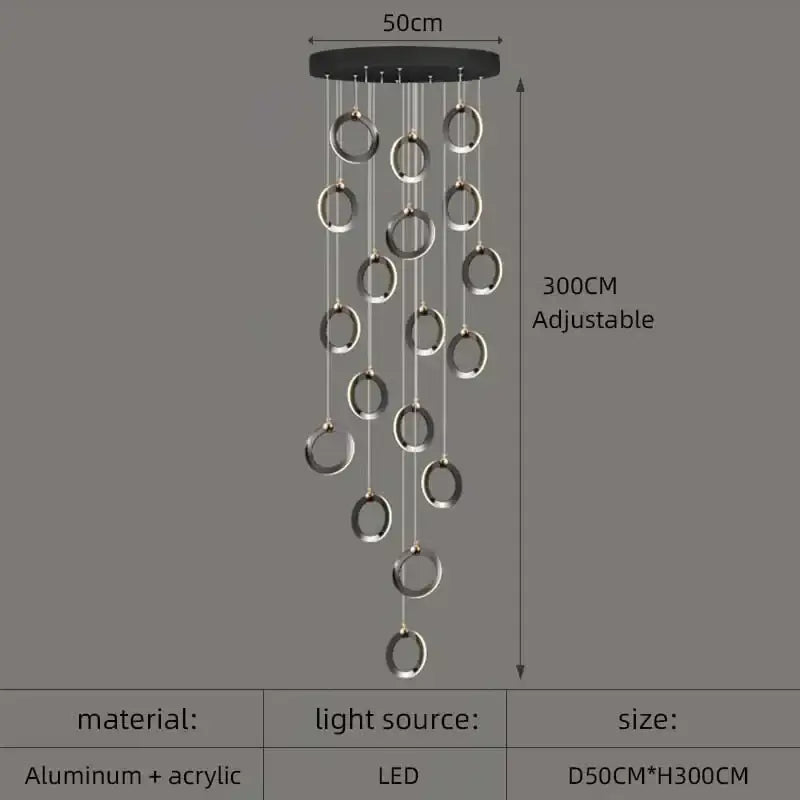 Modern black aluminum led chandelier with silver rings, adjustable height, and led lighting for luxury staircase lighting fixtures