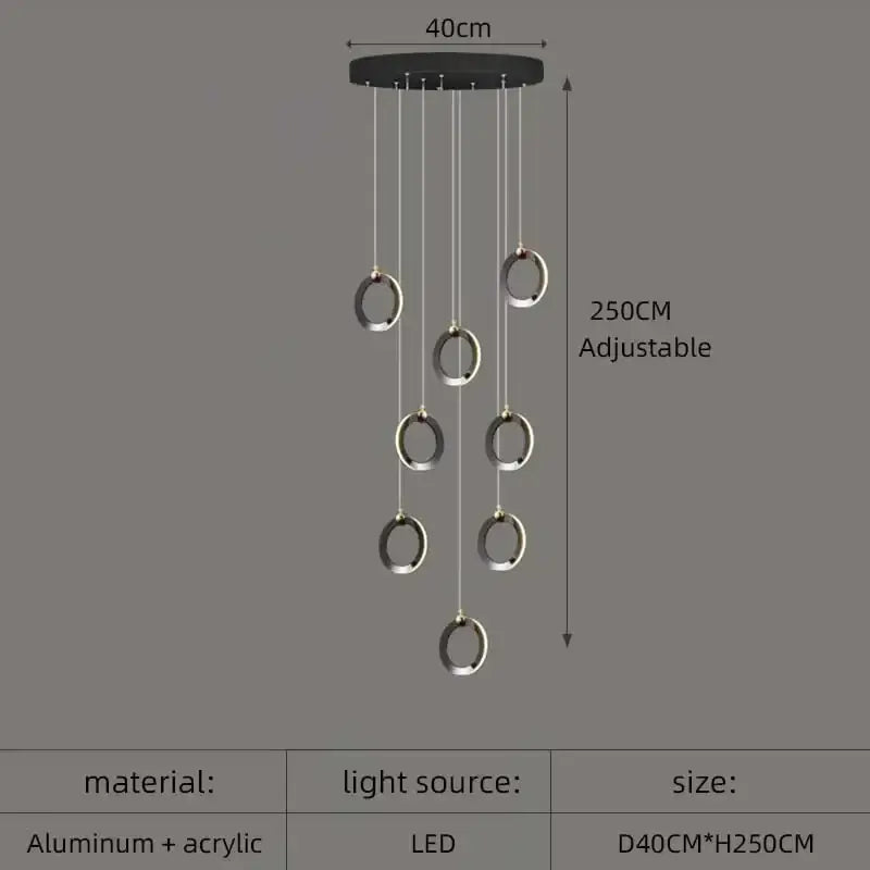 Modern black and silver aluminum led chandelier with adjustable height for luxury staircase lighting fixtures
