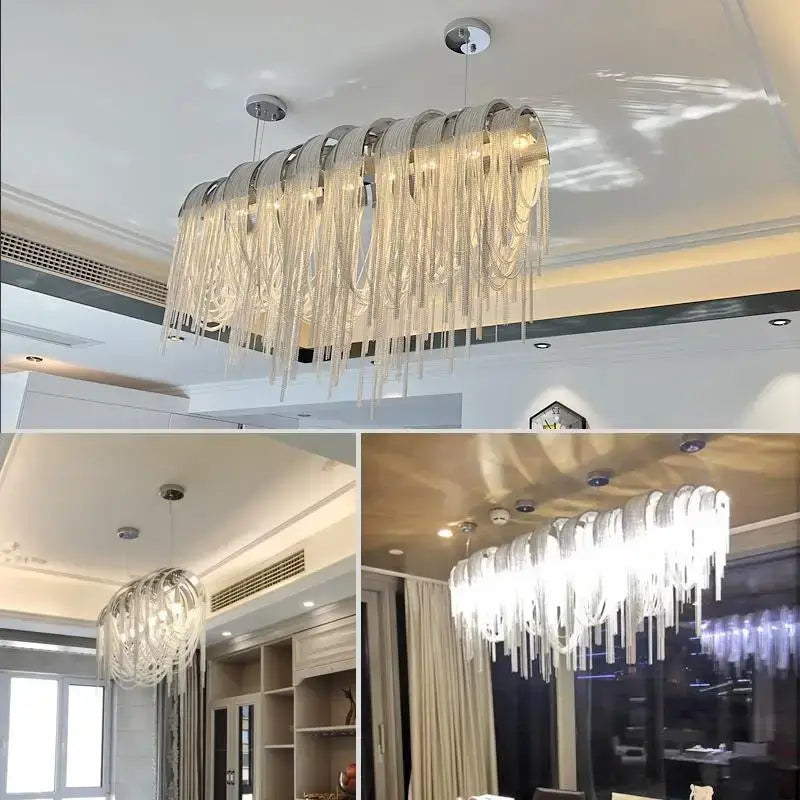 Modern rectangular aluminum led chandelier with sleek chrome frame and cascading clear glass prisms for interior decor