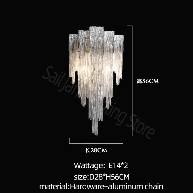 Silver metallic aluminum led chandelier with cascading chain strands and two e14 lights for modern interior decor