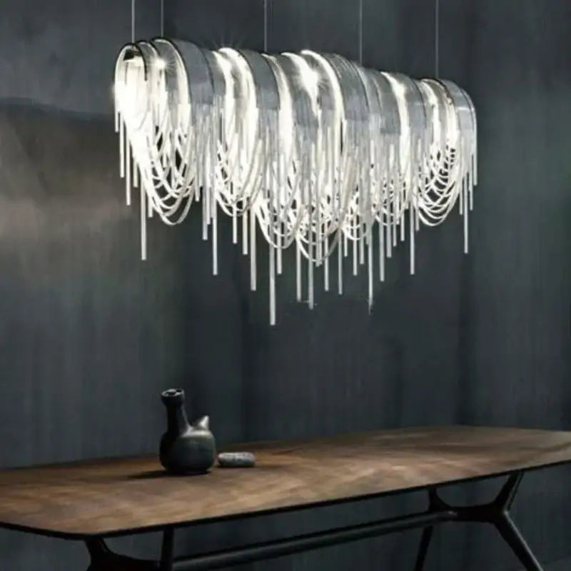 Modern silver-toned aluminum led chandelier with cascading interwoven metallic strands for living room decor