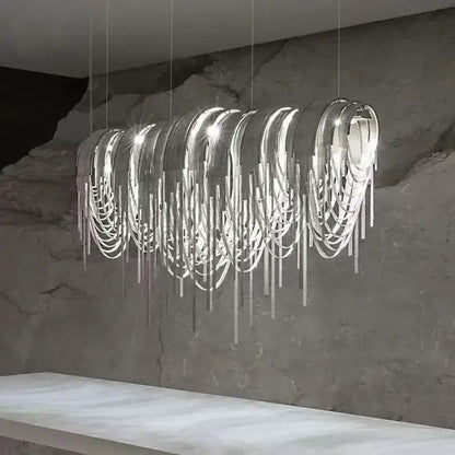 Decorbites™ aluminum led chandelier in silver with cascading metallic rings for modern living and dining rooms